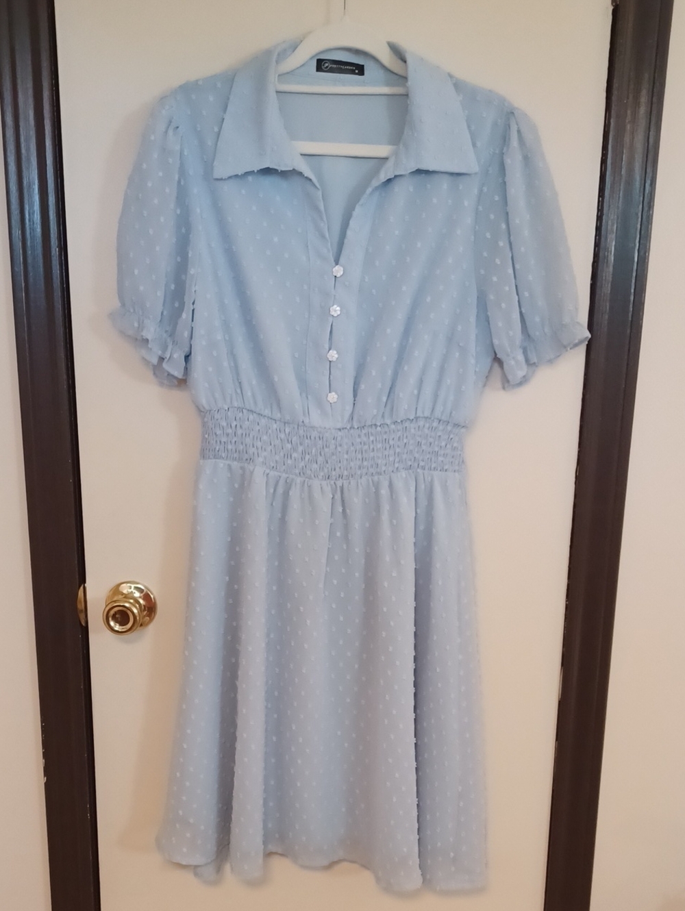 Smocked Waist Pale Blue Midi Dress with Collar